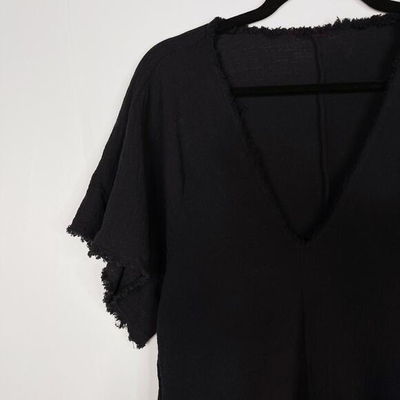 Sam Cho RCH Frayed Hem Vneck Short Sleeve Tee Black Small S Asymmetrical Hem - Picture 4 of 7